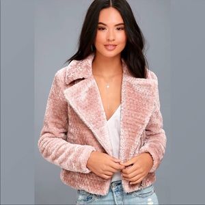 Lulu’s Business Blush Pink Faux Fur Moto Jacket Small